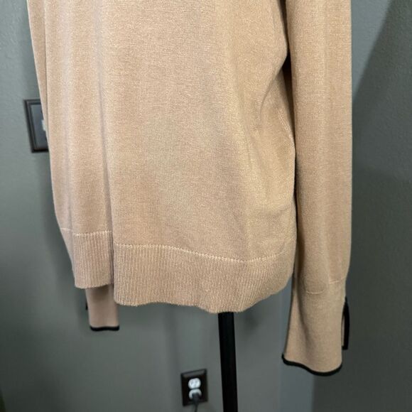 Halogen contrast Trim Sweater Tan Black V-neck Slit Sleeves - Picture 4 of 11